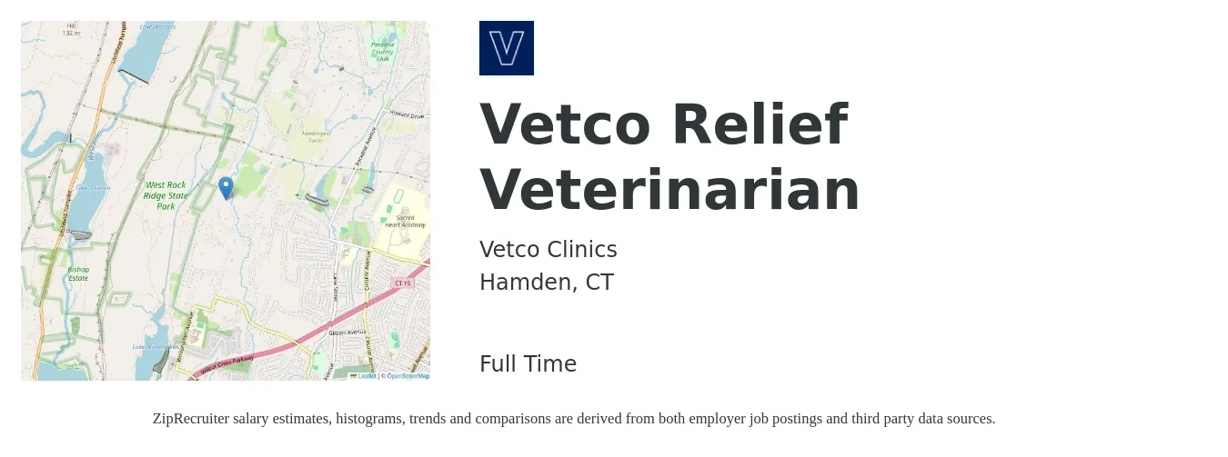 Vetco Clinics job posting for a Vetco Relief Veterinarian in Hamden, CT with a salary of $110,200 to $214,400 Yearly with a map of Hamden location.