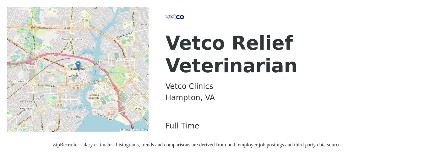 Vetco Clinics job posting for a Vetco Relief Veterinarian in Hampton, VA with a salary of $98,000 to $190,700 Yearly with a map of Hampton location.