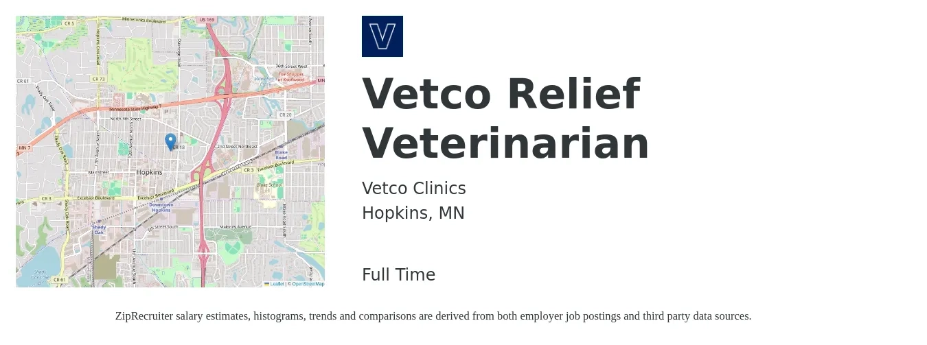 Vetco Clinics job posting for a Vetco Relief Veterinarian in Hopkins, MN with a salary of $114,000 to $222,000 Yearly with a map of Hopkins location.
