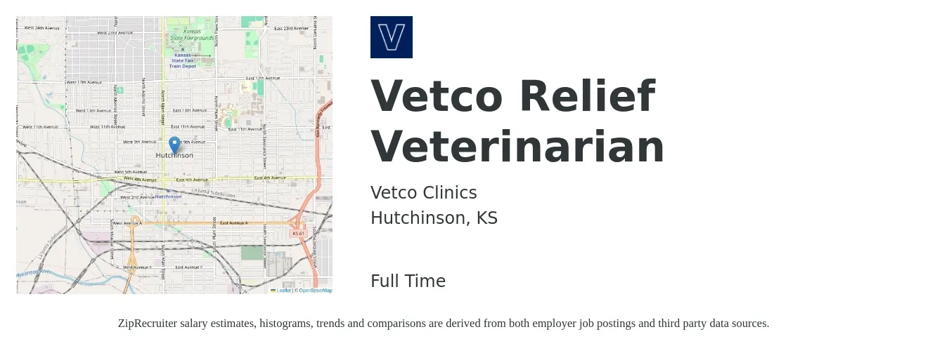 Vetco Clinics job posting for a Vetco Relief Veterinarian in Hutchinson, KS with a salary of $97,200 to $189,200 Yearly with a map of Hutchinson location.