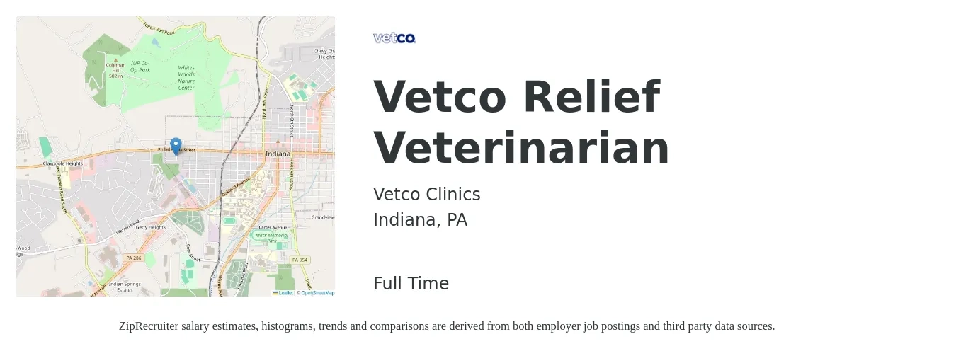 Vetco Clinics job posting for a Vetco Relief Veterinarian in Indiana, PA with a salary of $102,400 to $199,200 Yearly with a map of Indiana location.
