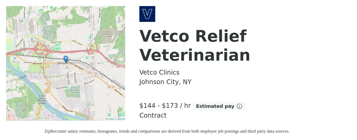 Vetco Clinics job posting for a Vetco Relief Veterinarian in Johnson City, NY with a salary of $150 to $180 Hourly with a map of Johnson City location.