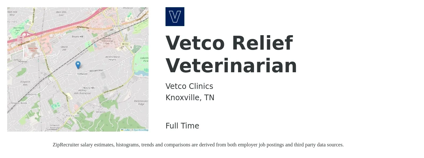 Vetco Clinics job posting for a Vetco Relief Veterinarian in Knoxville, TN with a salary of $94,000 to $187,200 Yearly with a map of Knoxville location.