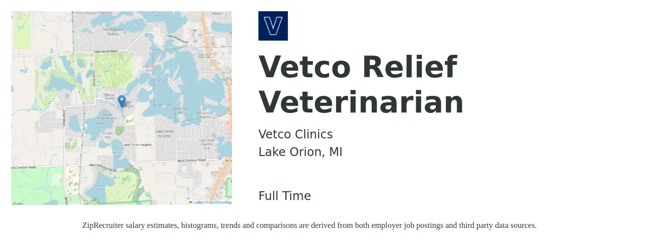 Vetco Clinics job posting for a Vetco Relief Veterinarian in Lake Orion, MI with a salary of $103,300 to $201,200 Yearly with a map of Lake Orion location.