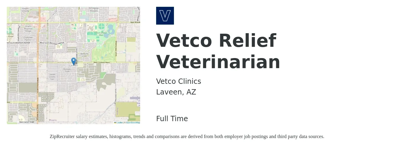 Vetco Clinics job posting for a Vetco Relief Veterinarian in Laveen, AZ with a salary of $105,900 to $206,000 Yearly with a map of Laveen location.