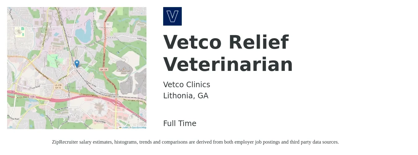 Vetco Clinics job posting for a Vetco Relief Veterinarian in Lithonia, GA with a salary of $102,300 to $199,000 Yearly with a map of Lithonia location.