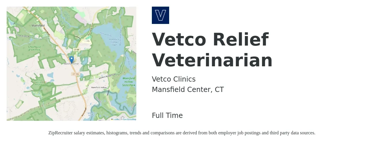 Vetco Clinics job posting for a Vetco Relief Veterinarian in Mansfield Center, CT with a salary of $114,100 to $222,100 Yearly with a map of Mansfield Center location.