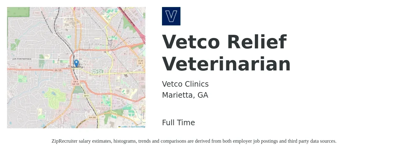 Vetco Clinics job posting for a Vetco Relief Veterinarian in Marietta, GA with a salary of $101,500 to $197,500 Yearly with a map of Marietta location.
