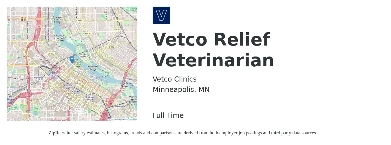 Vetco Clinics job posting for a Vetco Relief Veterinarian in Minneapolis, MN with a salary of $116,900 to $227,600 Yearly with a map of Minneapolis location.