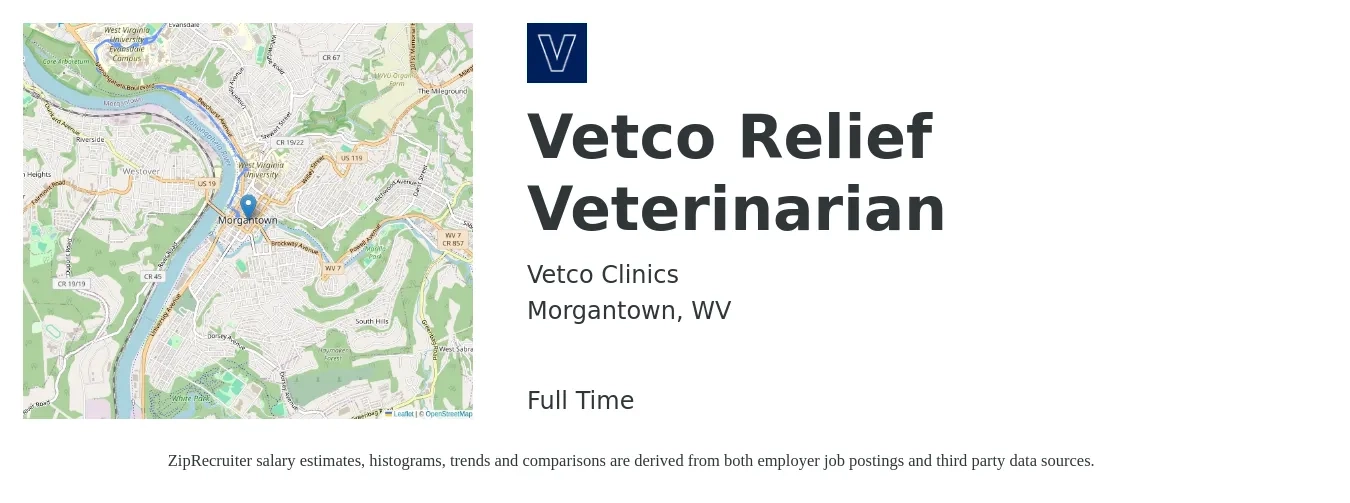 Vetco Clinics job posting for a Vetco Relief Veterinarian in Morgantown, WV with a salary of $115,200 to $224,300 Yearly with a map of Morgantown location.
