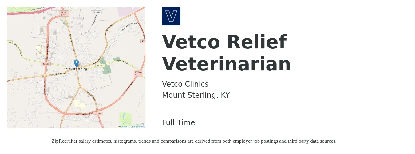 Vetco Clinics job posting for a Vetco Relief Veterinarian in Mount Sterling, KY with a salary of $92,500 to $180,100 Yearly with a map of Mount Sterling location.