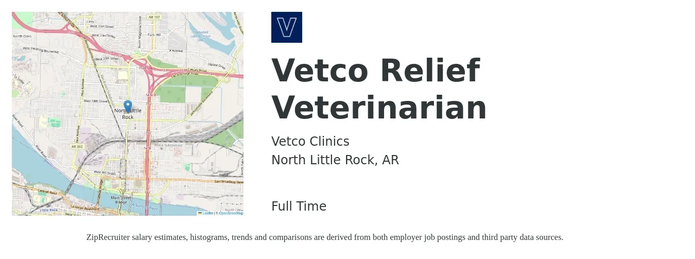 Vetco Clinics job posting for a Vetco Relief Veterinarian in North Little Rock, AR with a salary of $106,900 to $208,000 Yearly with a map of North Little Rock location.