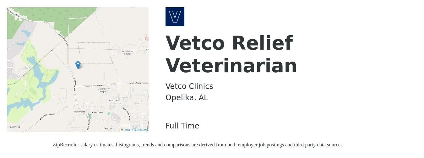 Vetco Clinics job posting for a Vetco Relief Veterinarian in Opelika, AL with a salary of $96,600 to $188,000 Yearly with a map of Opelika location.