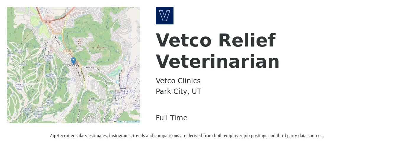 Vetco Clinics job posting for a Vetco Relief Veterinarian in Park City, UT with a salary of $117,200 to $228,100 Yearly with a map of Park City location.