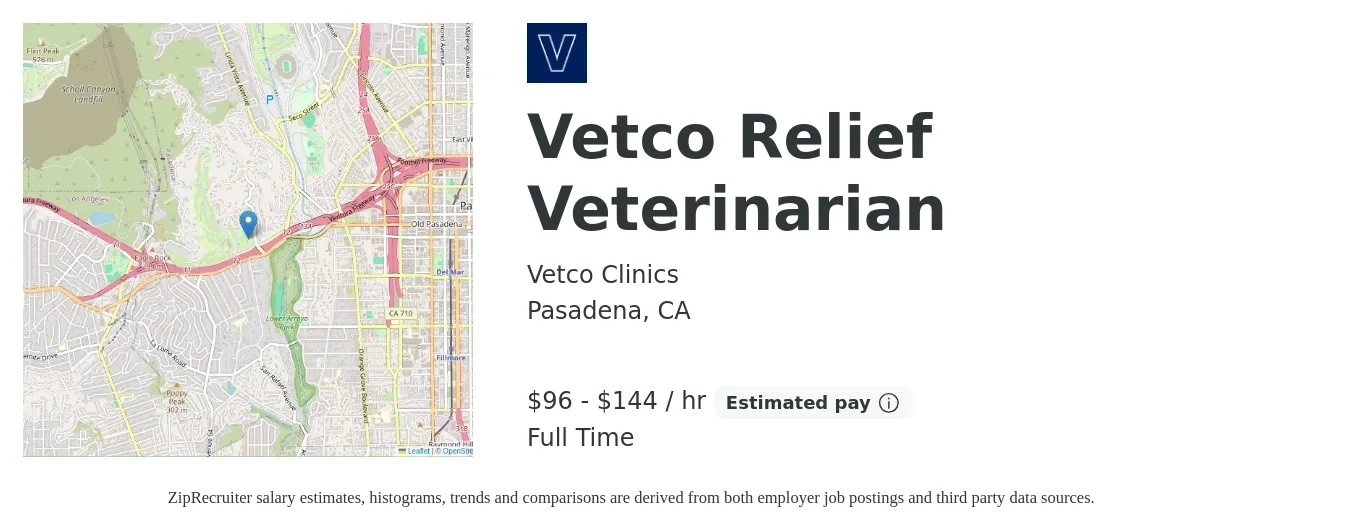 Vetco Clinics job posting for a Vetco Relief Veterinarian in Pasadena, CA with a salary of $100 to $150 Hourly with a map of Pasadena location.