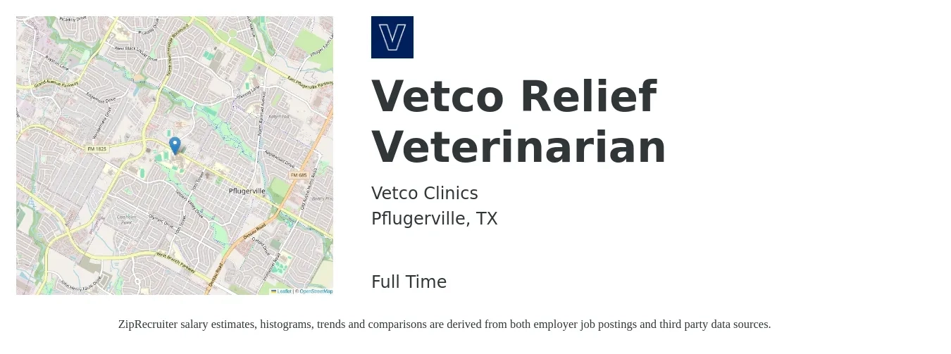Vetco Clinics job posting for a Vetco Relief Veterinarian in Pflugerville, TX with a salary of $52,700 to $78,600 Yearly with a map of Pflugerville location.