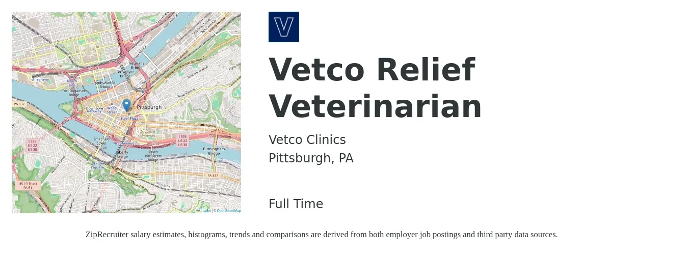 Vetco Clinics job posting for a Vetco Relief Veterinarian in Pittsburgh, PA with a salary of $108,700 to $211,600 Yearly with a map of Pittsburgh location.