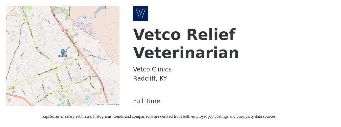Vetco Clinics job posting for a Vetco Relief Veterinarian in Radcliff, KY with a salary of $96,500 to $187,900 Yearly with a map of Radcliff location.