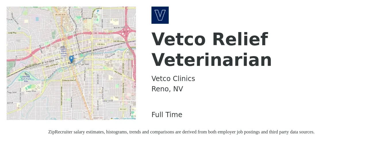 Vetco Clinics job posting for a Vetco Relief Veterinarian in Reno, NV with a salary of $111,700 to $217,500 Yearly with a map of Reno location.