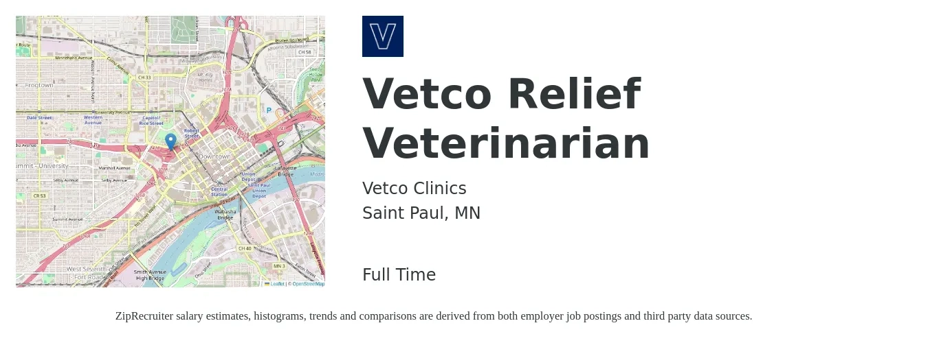 Vetco Clinics job posting for a Vetco Relief Veterinarian in Saint Paul, MN with a salary of $114,200 to $222,300 Yearly with a map of Saint Paul location.