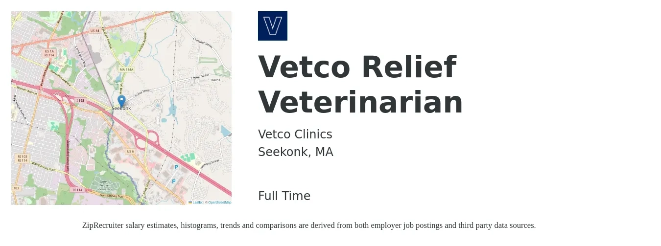 Vetco Clinics job posting for a Vetco Relief Veterinarian in Seekonk, MA with a salary of $113,500 to $220,900 Yearly with a map of Seekonk location.