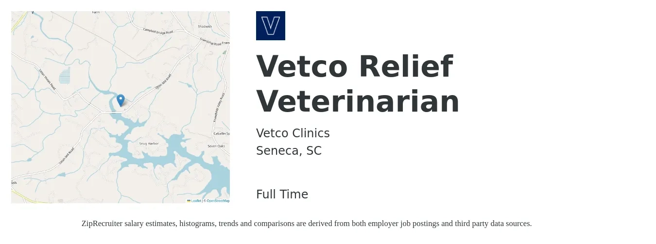 Vetco Clinics job posting for a Vetco Relief Veterinarian in Seneca, SC with a salary of $106,600 to $207,500 Yearly with a map of Seneca location.