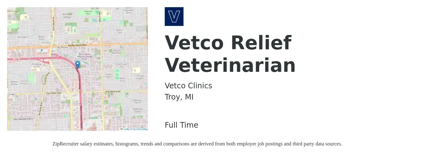 Vetco Clinics job posting for a Vetco Relief Veterinarian in Troy, MI with a salary of $106,400 to $207,100 Yearly with a map of Troy location.
