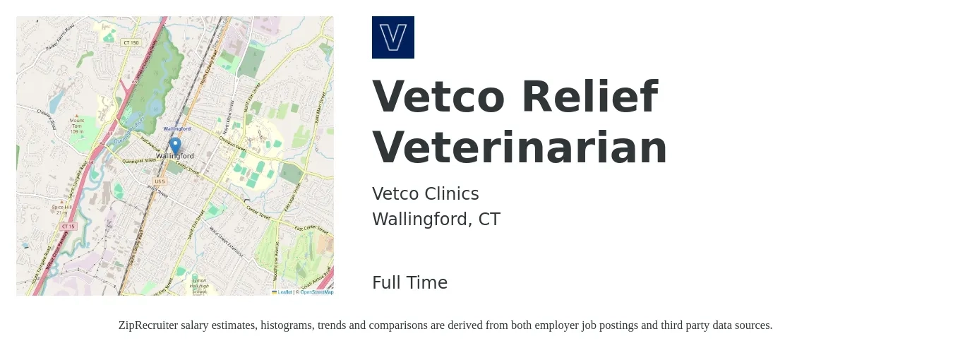 Vetco Clinics job posting for a Vetco Relief Veterinarian in Wallingford, CT with a salary of $112,300 to $218,600 Yearly with a map of Wallingford location.