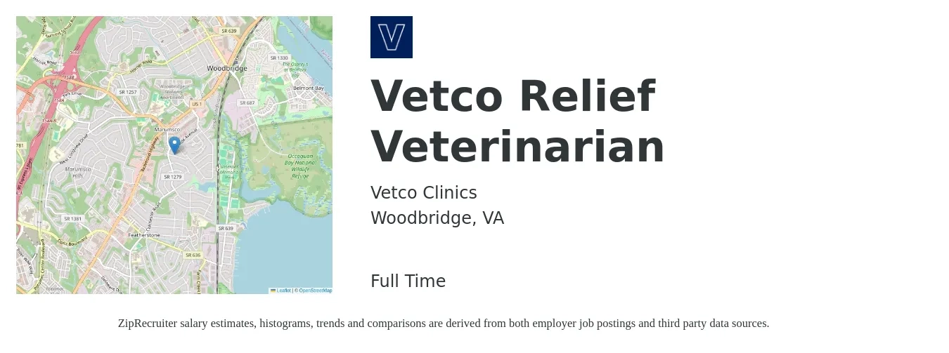 Vetco Clinics job posting for a Vetco Relief Veterinarian in Woodbridge, VA with a salary of $110,900 to $215,800 Yearly with a map of Woodbridge location.