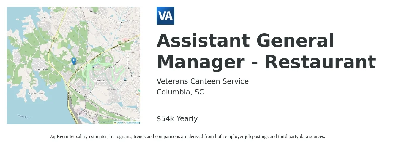 Veterans Canteen Service job posting for a Assistant General Manager - Restaurant in Columbia, SC with a salary of $54,293 Yearly with a map of Columbia location.