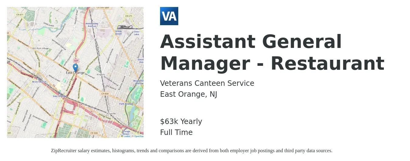 Veterans Canteen Service job posting for a Assistant General Manager - Restaurant in East Orange, NJ with a salary of $63,784 Yearly with a map of East Orange location.
