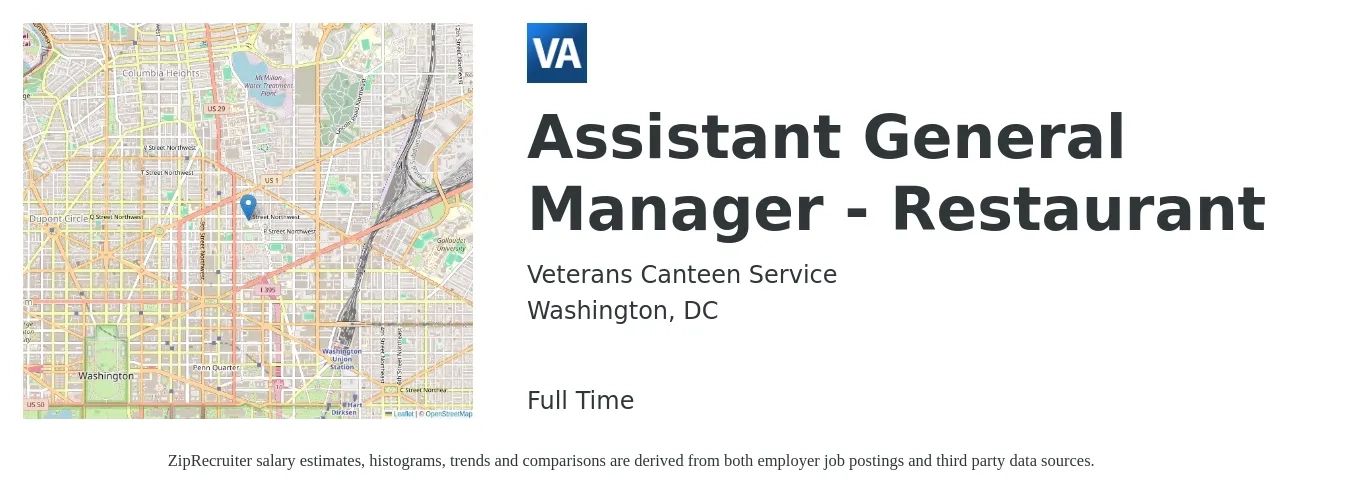 Veterans Canteen Service job posting for a Assistant General Manager - Restaurant in Washington, DC with a salary of $19 to $28 Hourly with a map of Washington location.