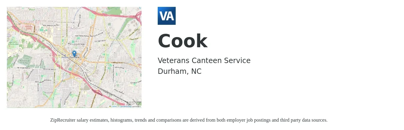 Veterans Canteen Service job posting for a Cook in Durham, NC with a salary of $13 to $18 Hourly with a map of Durham location.