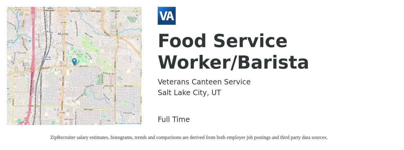 Veterans Canteen Service job posting for a Food Service Worker/Barista in Salt Lake City, UT with a salary of $14 to $18 Hourly with a map of Salt Lake City location.