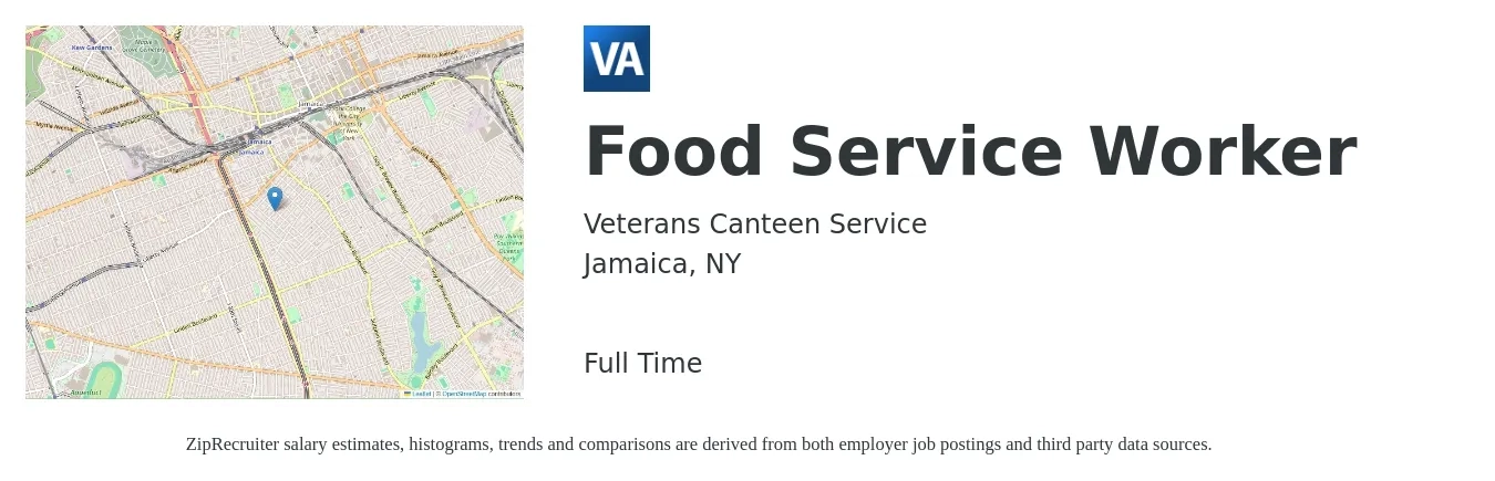 Veterans Canteen Service job posting for a Food Service Worker in Jamaica, NY with a salary of $16 to $19 Hourly with a map of Jamaica location.