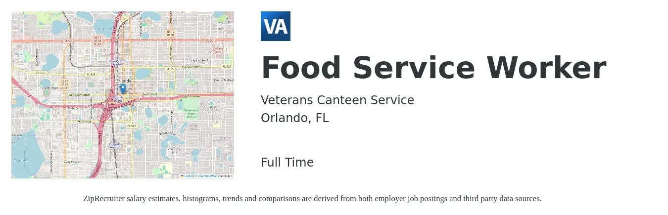 Veterans Canteen Service job posting for a Food Service Worker in Orlando, FL with a salary of $14 to $17 Hourly with a map of Orlando location.