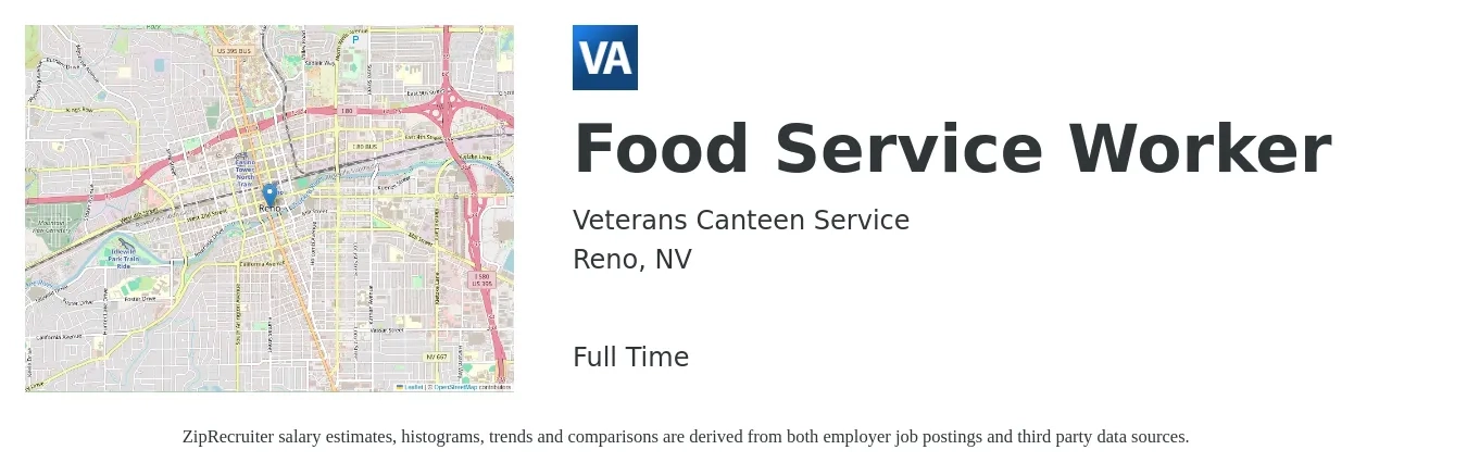 Veterans Canteen Service job posting for a Food Service Worker in Reno, NV with a salary of $15 to $18 Hourly with a map of Reno location.