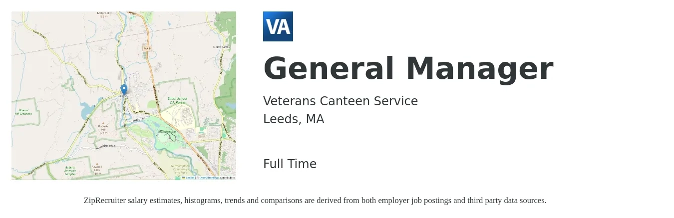 Veterans Canteen Service job posting for a General Manager in Leeds, MA with a salary of $50,400 to $75,300 Yearly with a map of Leeds location.