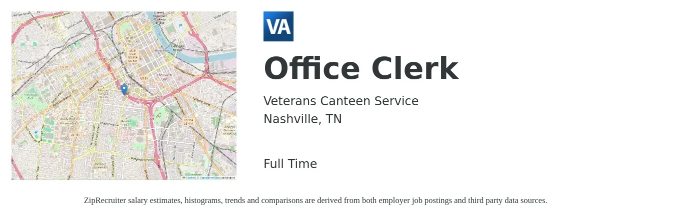 Veterans Canteen Service job posting for a Office Clerk in Nashville, TN with a salary of $15 to $19 Hourly with a map of Nashville location.