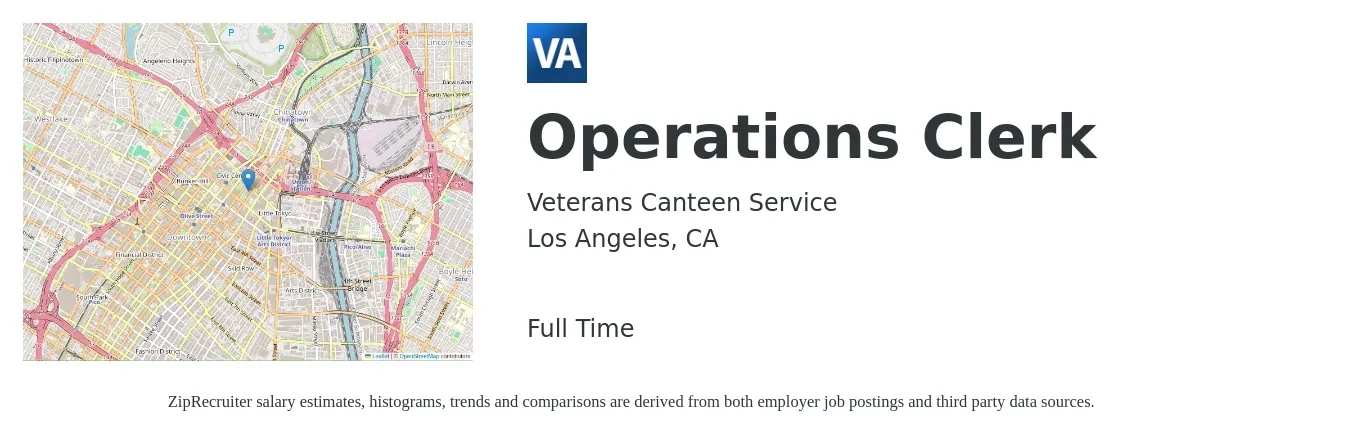 Veterans Canteen Service job posting for a Operations Clerk in Los Angeles, CA with a salary of $18 to $22 Hourly with a map of Los Angeles location.