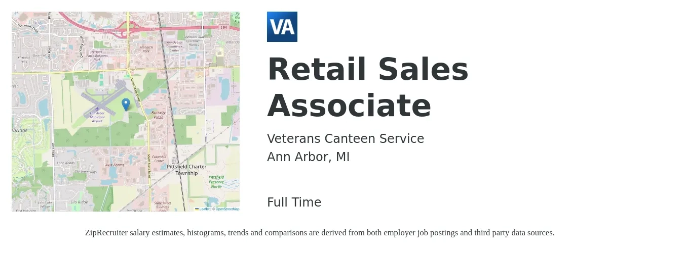 Veterans Canteen Service job posting for a Retail Sales Associate in Ann Arbor, MI with a salary of $15 to $17 Hourly with a map of Ann Arbor location.