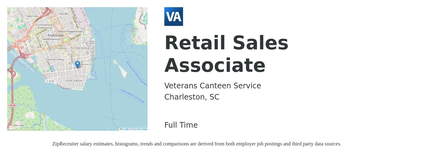 Veterans Canteen Service job posting for a Retail Sales Associate in Charleston, SC with a salary of $14 to $16 Hourly with a map of Charleston location.