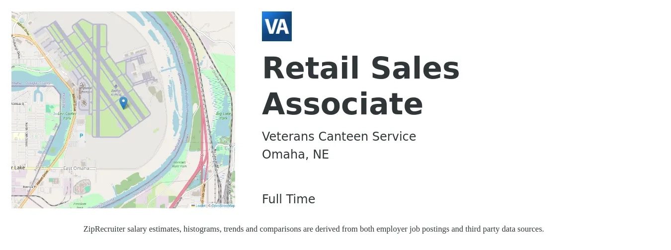 Veterans Canteen Service job posting for a Retail Sales Associate in Omaha, NE with a salary of $14 to $16 Hourly with a map of Omaha location.