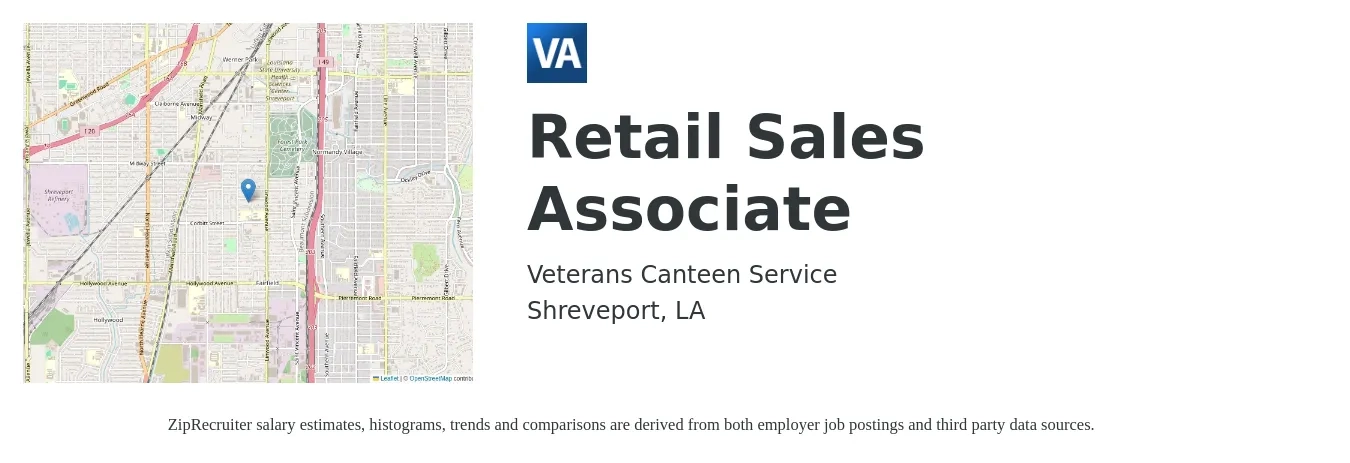 Veterans Canteen Service job posting for a Retail Sales Associate in Shreveport, LA with a salary of $12 to $14 Hourly with a map of Shreveport location.