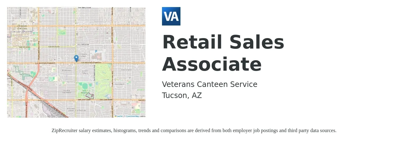 Veterans Canteen Service job posting for a Retail Sales Associate in Tucson, AZ with a salary of $15 to $17 Hourly with a map of Tucson location.