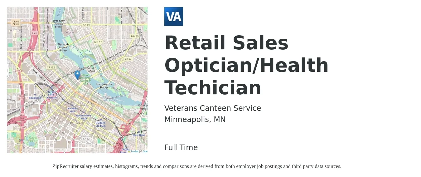 Veterans Canteen Service job posting for a Retail Sales Optician/Health Techician in Minneapolis, MN with a salary of $18 to $23 Hourly with a map of Minneapolis location.