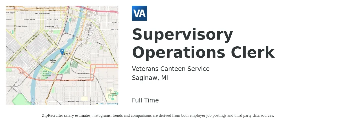 Veterans Canteen Service job posting for a Supervisory Operations Clerk in Saginaw, MI with a salary of $16 to $19 Hourly with a map of Saginaw location.