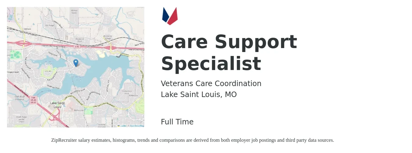 Veterans Care Coordination job posting for a Care Support Specialist in Lake Saint Louis, MO with a salary of $19 to $20 Hourly with a map of Lake Saint Louis location.