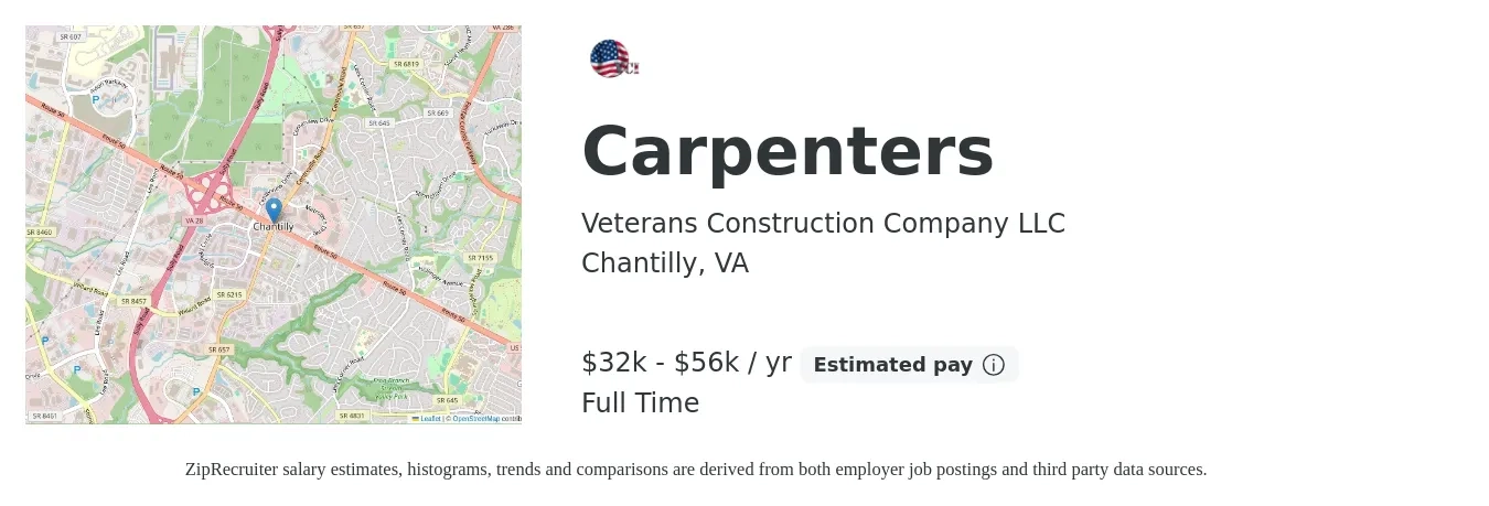 Veterans Construction Company LLC job posting for a Carpenters in Chantilly, VA with a salary of $32,000 to $56,000 Yearly with a map of Chantilly location.