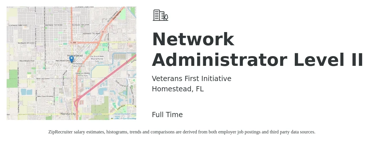 Veterans First Initiative job posting for a Network Administrator Level II in Homestead, FL with a salary of $60,200 to $85,900 Yearly with a map of Homestead location.